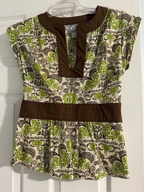 Tabitha Cream Top with Green Floral and Brown Trim